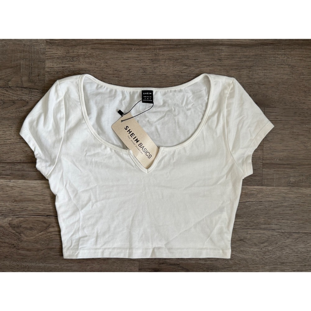 Shein Basics White Notched Scoop Neck Crop Top Short Sleeve Size Small